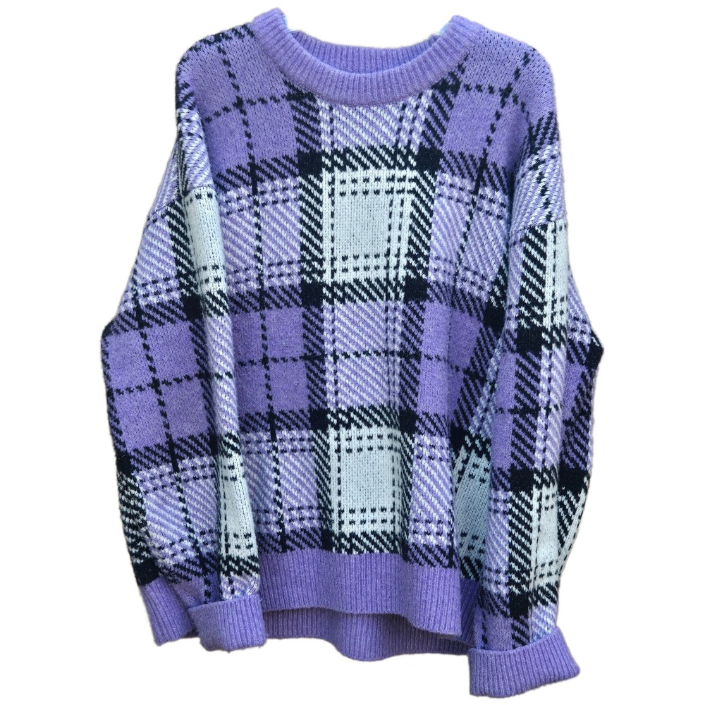 HM Oversized Plaid Knit Sweater Purple White Black Check Crewneck Pullover XL